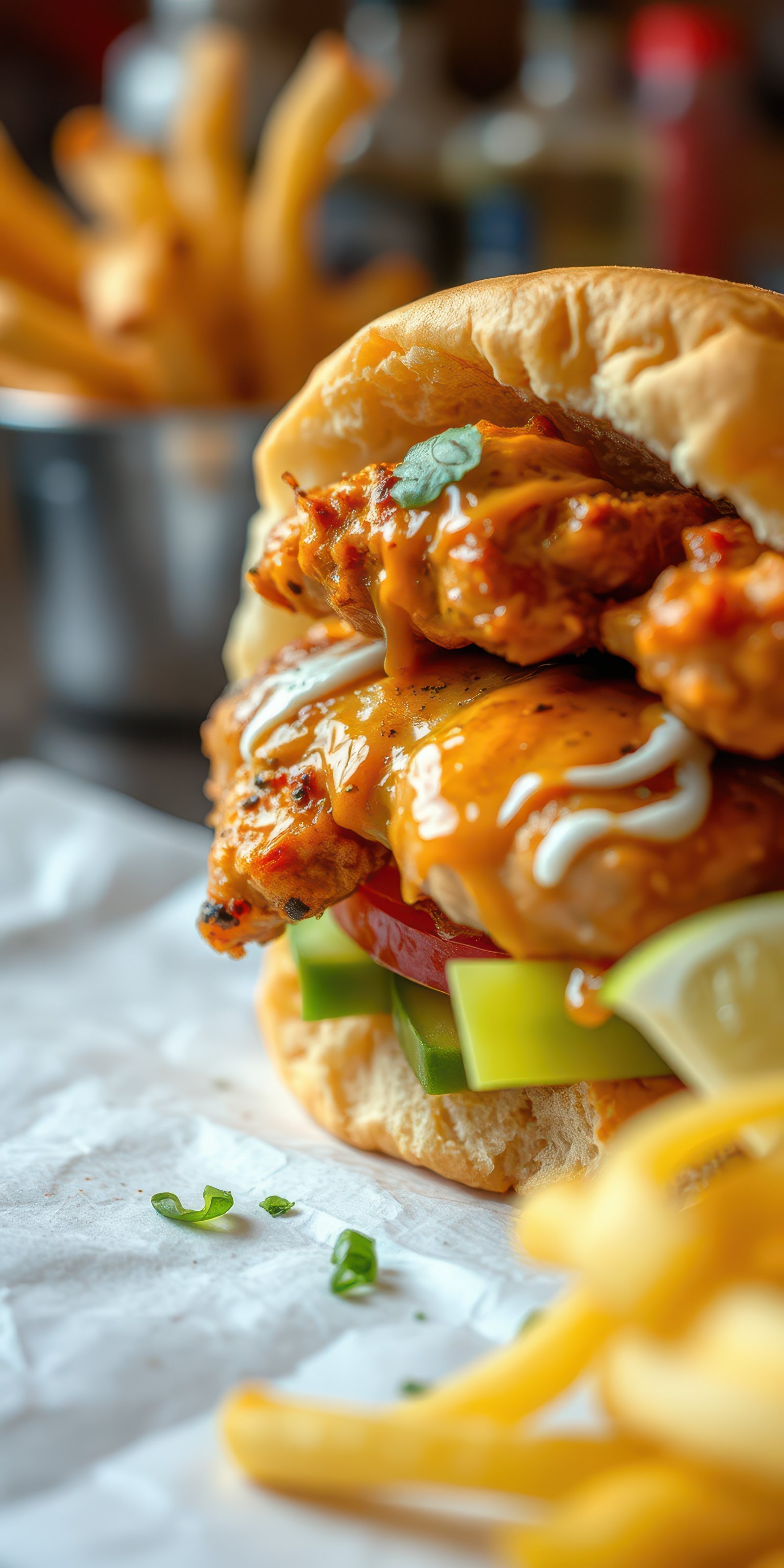 Delicious chicken sandwich with sauce and fresh veggies served with golden fries on a rustic table